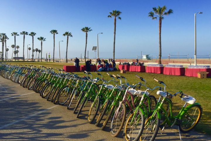 a row of parked motorcycles sitting on top of a wooden fence