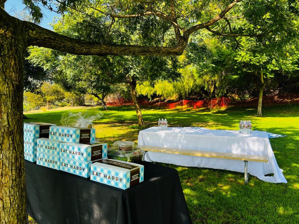 two tables in a park under a tree
