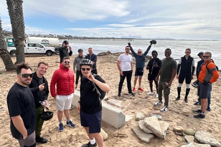 a group of people on a beach