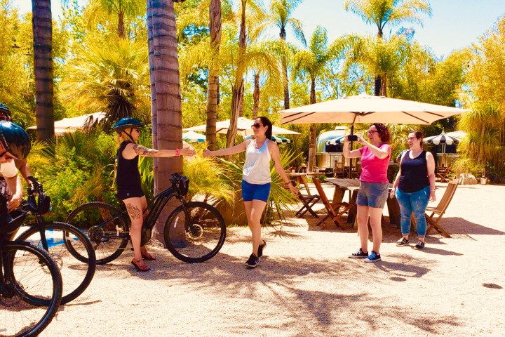 a group of people standing under trees with their bicycles on an ojai group tour