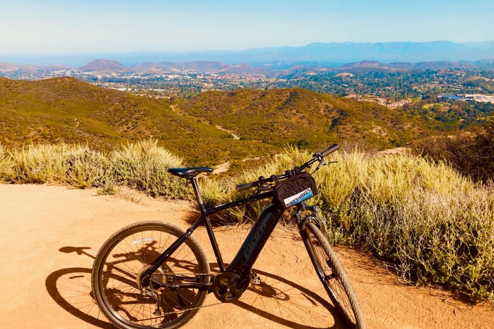 a mountain bike parked on the side of a road in westlake ca