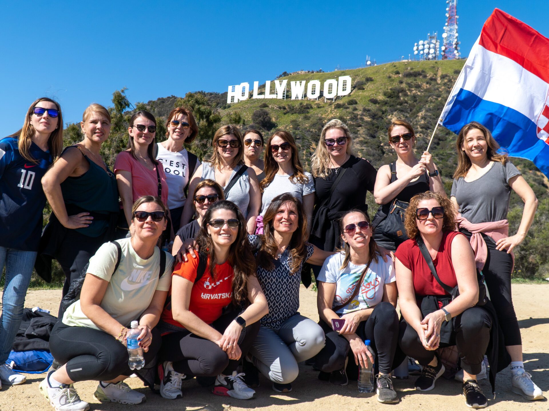 large group on the hollywood sign hike