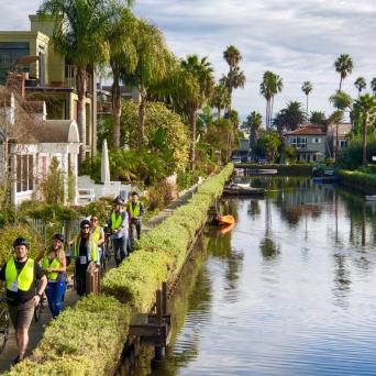 a group of people standing around a pond