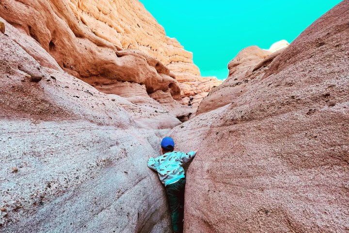 a canyon with a mountain in the background and young boy hiking