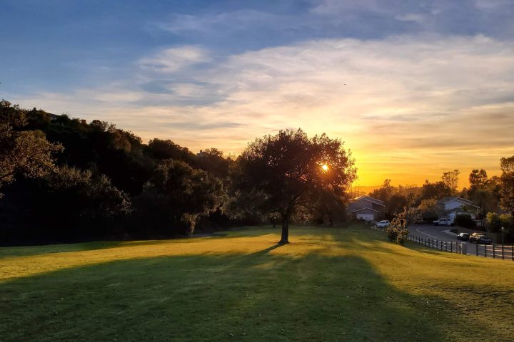a sunset over a grass field
