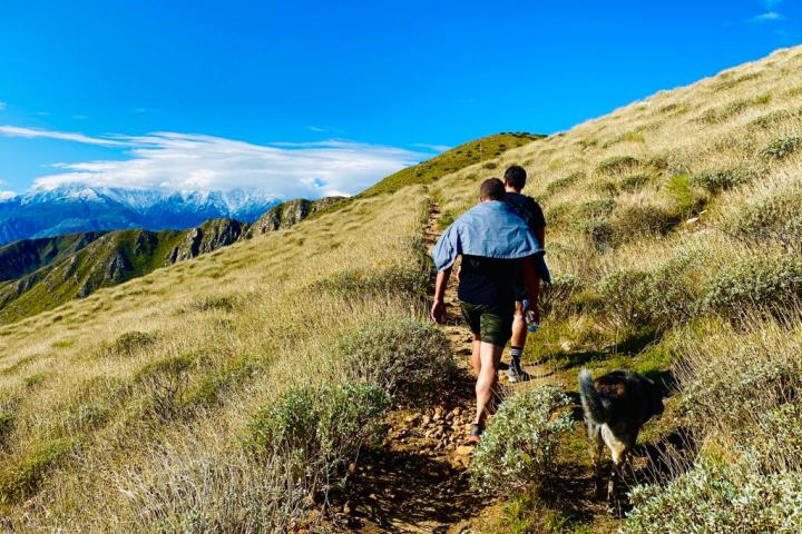 two people walking up the side of a hill with a dog