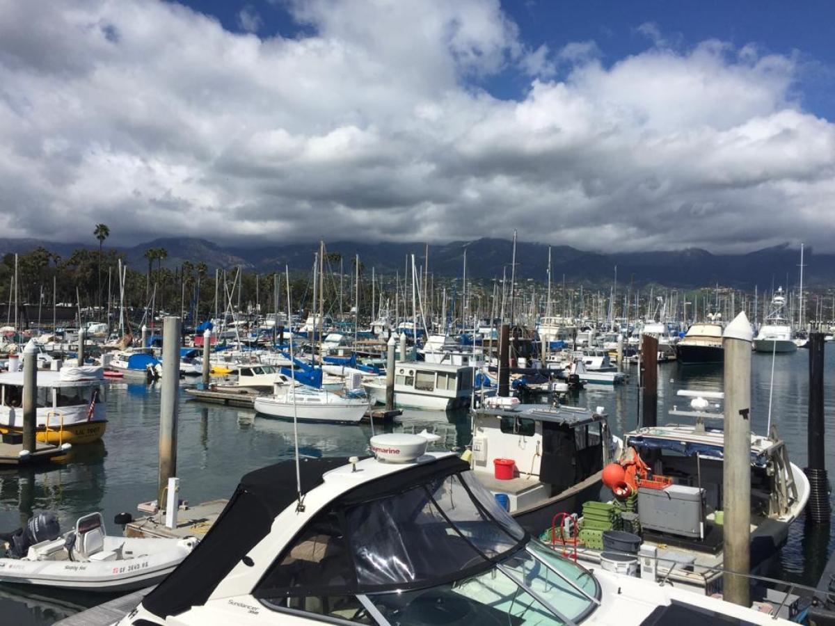 a group of boats in the harbor in santa barbara