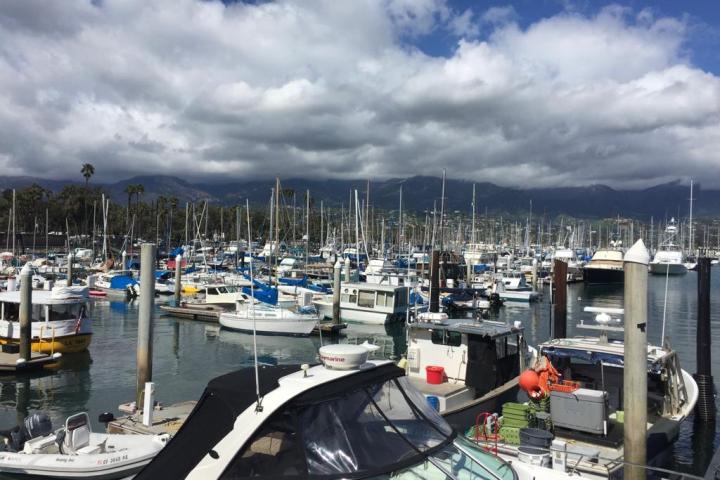 a group of boats in the harbor in santa barbara